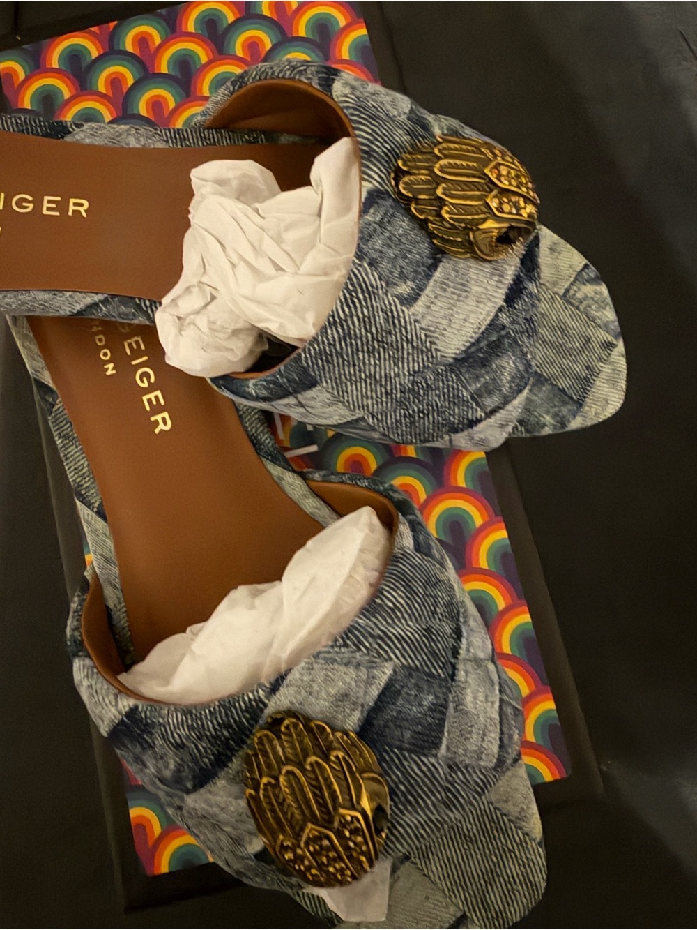 Kurt Geiger Quilted Denim Slide with Gold Emblem